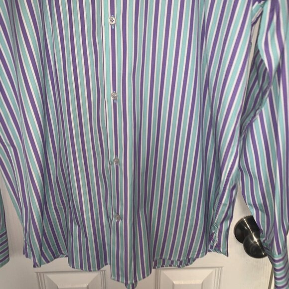 Equilibrio Milano Purple Teal Striped Button Down Long Sleeved Shirt Size Large - Picture 4 of 7